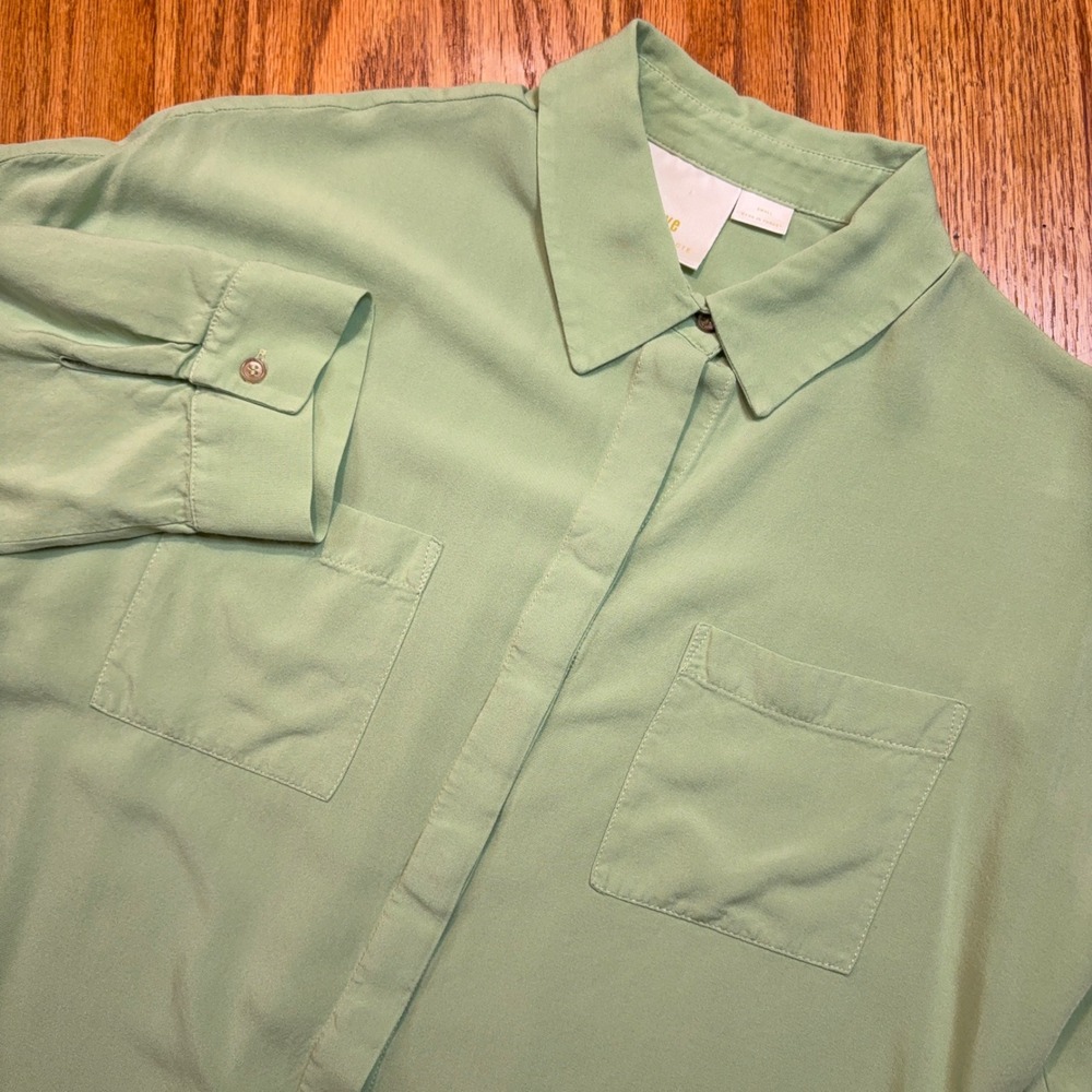 Maeve Sandbridge Shirt Womens Small Green Viscose Tie Front Button Up Blouse
